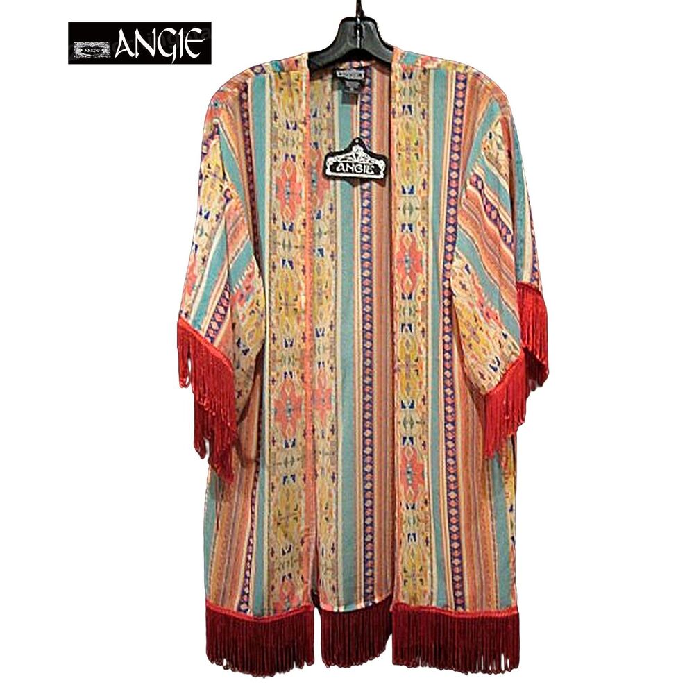 ANGIE NWT M Boho Tribal Fringe Kimono Jacket Open Front Festival Layer